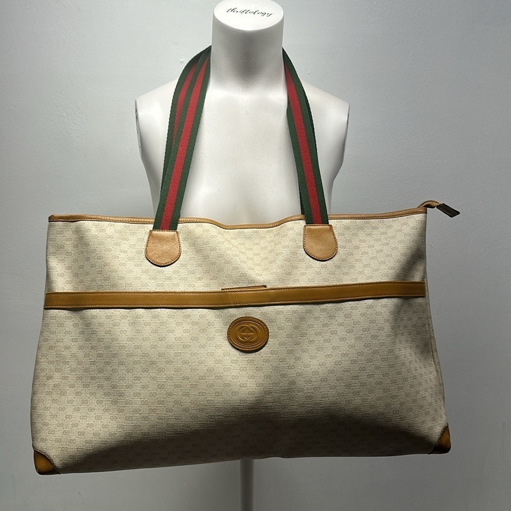Gucci Signature East West Tote Shoulder Bag Purse Vintage 1980's Cream Tan Red - Picture 1 of 16